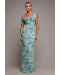 Goddiva - One Shoulder Cowl Neck Chiffon Floral Maxi Dress - Lyst