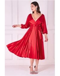 Goddiva - Satin Pleated Skirt Wrap Midi Dress - Lyst