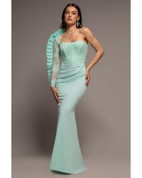 Goddiva - One Shoulder Organza Fan Detail Lace Bodice Maxi Dress - Lyst