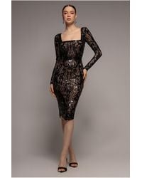Goddiva - Sequin Square Neck Bodycon Midi Dress With Scalloped Hem - Lyst