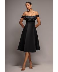 Goddiva - Sparkle Chiffon Cowl Bardot Skater Midi Dress - Lyst