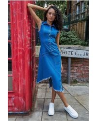Goddiva - Denim Frayed Asymmetric Sleeveless Midaxi Shirt Dress - Lyst
