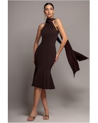 Goddiva - Scuba & Soft Satin Halterneck Midi Dress With Back Sash - Lyst