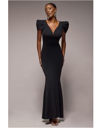 Goddiva - Plunging Neck Pleated Sleeves Scuba Maxi Dress - Lyst