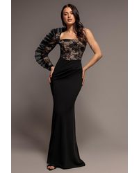 Goddiva - One Shoulder Organza Fan Detail Lace Bodice Maxi Dress - Lyst