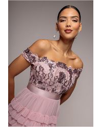 Goddiva - Scallop Bardot Ruffle Mesh Maxi - Lyst