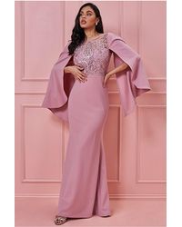 Goddiva Sequin & Lace Cape Maxi Dress - Pink