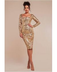 Goddiva - Sequin Square Neck Bodycon Midi Dress With Scalloped Hem - Lyst