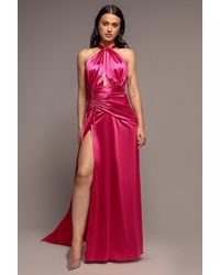 Goddiva - Halter Neck Front Split Satin Maxi Dress - Lyst