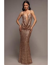 Goddiva - Plunge Cowl Criss Cross Back Sequin Maxi Dress - Lyst
