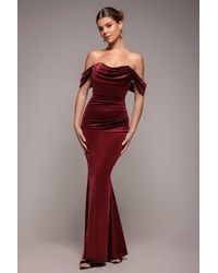 Goddiva - Glitter Velvet Cowl Neck Pleated Waist Maxi Dress - Lyst