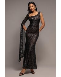 Goddiva - One Side Cape Sleeve Sequin Maxi Dress - Lyst