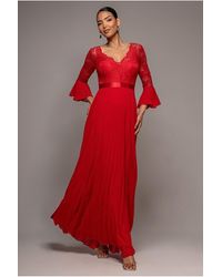 Goddiva - Scalloped Lace Bodice Pleated Chiffon A Line Maxi Dress - Lyst