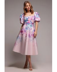Goddiva - Printed Scuba Square Neck Puff Sleeve Midi Dress - Lyst
