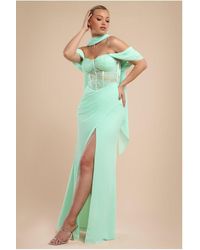 Goddiva - Scalloped Lace & Chiffon Winged Corset Bodice Maxi Dress - Lyst