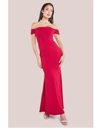 Goddiva - Pleated Bardot Scuba Maxi Dress - Lyst