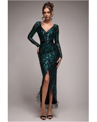 Goddiva - Sequin Tassel Maxi Dress With Thigh Slit - Lyst