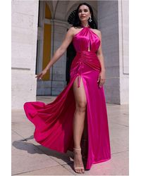 Goddiva - Halter Neck Front Split Satin Maxi Dress - Lyst