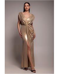 Goddiva - Cowl Plunge Draped Foil Maxi Dress - Lyst