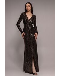 Goddiva - Sequin Glitter Lurex Long Sleeve Wrap Maxi Dress - Lyst