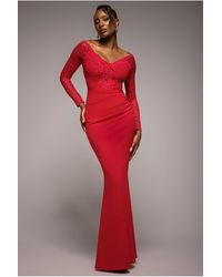 Goddiva - Scalloped Lace Bodice Long Sleeve Bardot Maxi Dress - Lyst