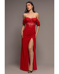 Goddiva - Scalloped Lace & Chiffon Winged Corset Bodice Maxi Dress - Lyst