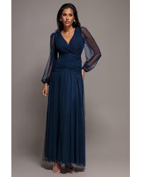 Goddiva - Gathered Long Balloon Sleeve A-Line Mesh Maxi Dress - Lyst