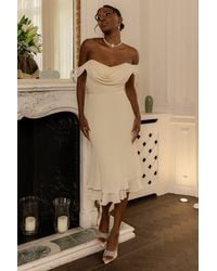 Goddiva - Chiffon Cowl Off Shoulder Wing Tiered Midi Dress - Lyst