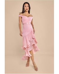 Goddiva - Pleated Bardot High Low Tier Chiffon Midaxi Dress - Lyst