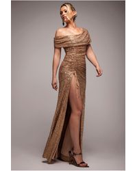Goddiva - Off The Shoulder Sequin Cowl Drawstring Maxi Dress - Lyst