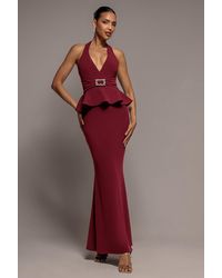 Goddiva - Peplum Halter Neck Maxi Dress With Diamante Buckle - Lyst