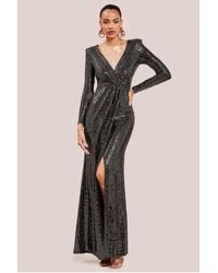 Goddiva - Wrap Style Front Split Metallic Maxi Dress - Lyst