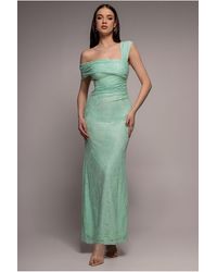 Goddiva - One Shoulder Pleated Bardot Lace Maxi Dress - Lyst
