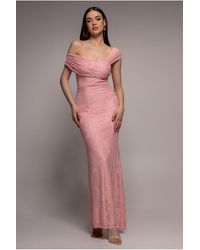 Goddiva - One Shoulder Pleated Bardot Lace Maxi Dress - Lyst
