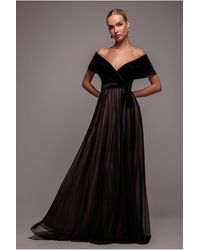 Goddiva - Velvet Bardot Dobby Mesh A Line Maxi Dress - Lyst