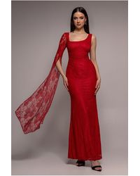 Goddiva - One Shoulder Cape Sleeve Pleated Lace Maxi Dress - Lyst