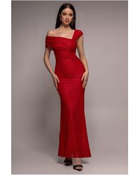 Goddiva - One Shoulder Pleated Bardot Lace Maxi Dress - Lyst