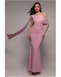 Goddiva - Lurex Pleated Bardot One Shoulder Cape Maxi Dress - Lyst