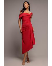 Goddiva - Off Shoulder Pleated Waist Asymmetric Midaxi Dress - Lyst