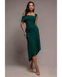 Goddiva - Off Shoulder Pleated Waist Asymmetric Midaxi Dress - Lyst