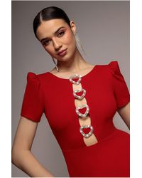 Goddiva - Diamante Embellished Heart Brooch Scuba Maxi Dress - Lyst