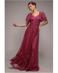 Goddiva - Lace Flutter Sleeve Embroidered Mesh A Line Maxi Dress - Lyst