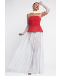 Goddiva - Scuba Boobtube Peplum Corset With Polka Dobby Chiffon A-Line Maxi Skirt With Scarf - Lyst