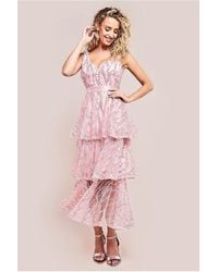 Goddiva - Embroidered Mesh Tiered Midi Dress - Lyst