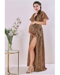 Goddiva - Maternity Wrap Printed Chiffon Maxi Animal Print - Lyst