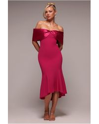 Goddiva - Twist Knot Satin & Scuba Bardot High Low Midi Dress - Lyst