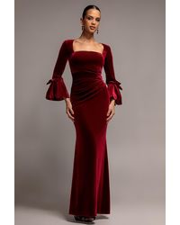 Goddiva - Petal Bow Sleeve Frill Velvet Maxi Dress - Lyst