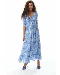 Liquorish Gingham Floral Midi Dress In Blue White With Lace | Lyst