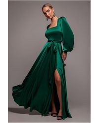Goddiva - Satin Square Neck Bishop Sleeve A Line Maxi Dress - Lyst