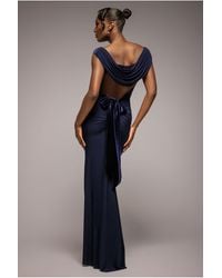 Goddiva - Open Back Cowl Neck Gathered Maxi Dress With Velvet Tie Back - Lyst